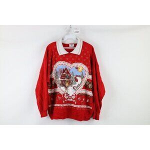 Vintage 90s Streetwear Womens Large Farmhouse Christmas Collared Sweatshirt USA